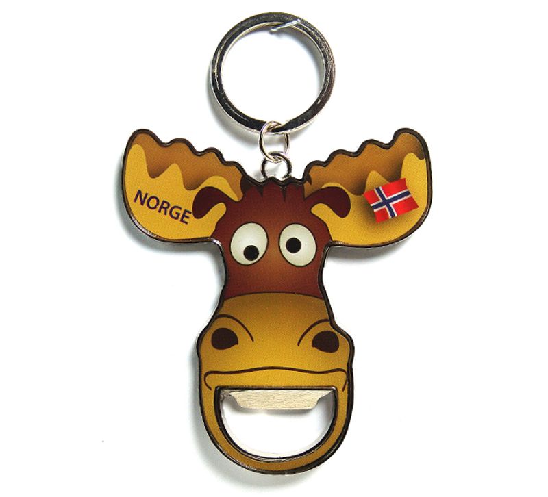 Keychain and bottle opener, moose with flag and Norway