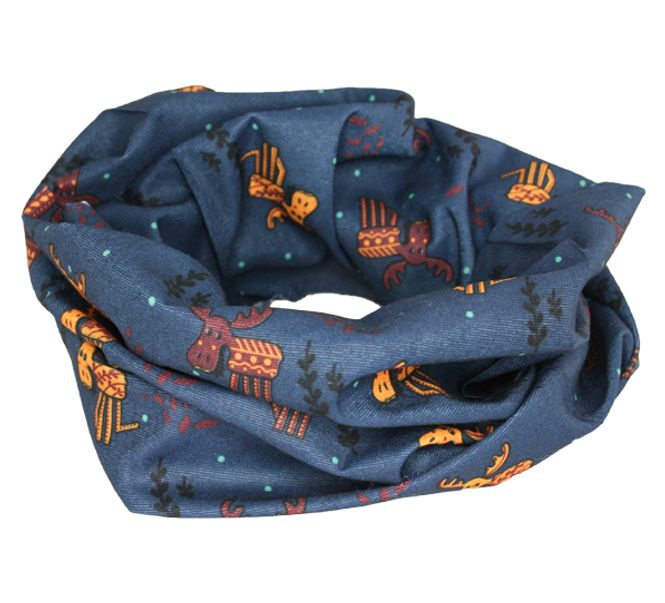 Main Image Neck gaiter with playful moose  blue/ ocher