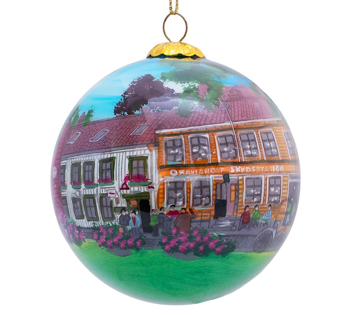 Glass bauble, hand painted, Baklandet Skydsstasjon, Trondheim